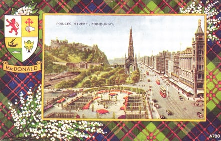 Postcard view of Princes Street, Edinburgh with the Scott Monument & Castle. MacDonald tartan