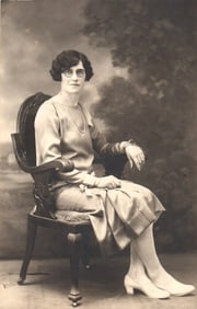 RPPC Real Photo Postcard studio portrait of a woman in glasses and pearls, Schenectady, NY c. 1920s.