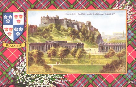 Edinburgh, Scotland postcard of the Castle and National Gallery with Fraser clan crest and tartan c.