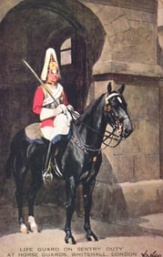 Postcard depicting a Life Guard on sentry duty, mounted on his horse at Horse Guards, Whitehall,