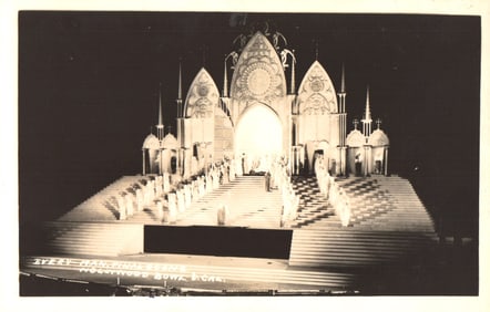 RPPC Real Photo Postcard showing the grand cathedral stage set for 'Everyman' at Hollywood Bowl, CA