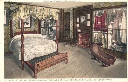 Phostint postcard of the Dorothy Quincy Room, with trundle bed, at Hancock-Clarke House, Lexington,