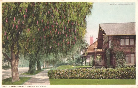 Detroit Publishing Co. postcard of a Craftsman home and pepper trees on Grand Avenue, Pasadena, CA.