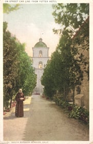 Detroit Publishing "Phostint" postcard of a monk on a tree-lined path at Santa Barbara Mission, CA.