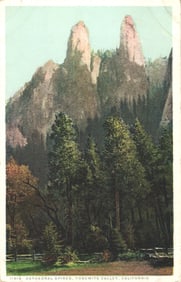 Detroit Publishing "PHOSTINT" postcard showing the Cathedral Spires in Yosemite Valley, California.