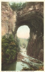 Detroit Publishing Co. Phostint postcard of Natural Bridge, Virginia, looking down the stream.