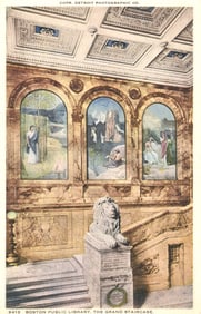 Boston Public Library's Grand Staircase with murals and lion statue. Phostint postcard circa 1910s.