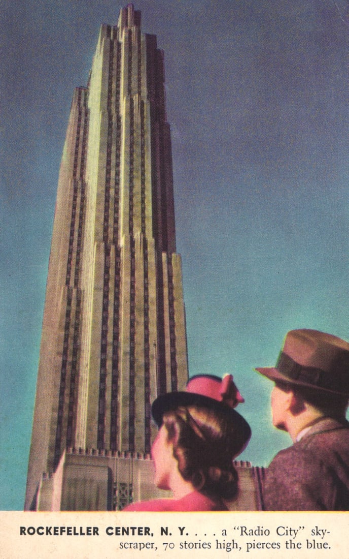 Macy Color Views postcard showing Rockefeller Center, a 70-story skyscraper in New York, c. 1941: Please view photos for further description and condition considerations. Please know the scans may be darker or lighter than the actual item's true appearance. ACME Auctions offers FREE DOMESTIC SHIPP