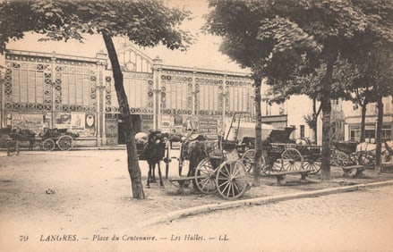 Postcard of Les Halles market and horse-drawn carts on Place du Centenaire in Langres, France.