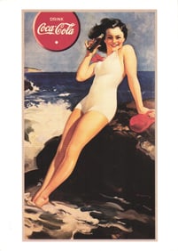 1990s Coca-Cola postcard featuring Haddon Sundblom's 1938 poster art of a woman in swimsuit.