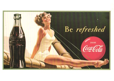 Postcard reproduction of a 1949 Coca-Cola poster advertisement from the archives, Be Refreshed