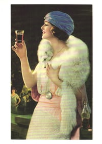 Postcard reproducing a 1925 Coca-Cola calendar ad of a glamorous woman enjoying nightlife with a