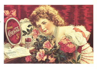 Coca-Cola advertising postcard from 1990 featuring a 1900 poster of vaudeville singer Hilda Clark.