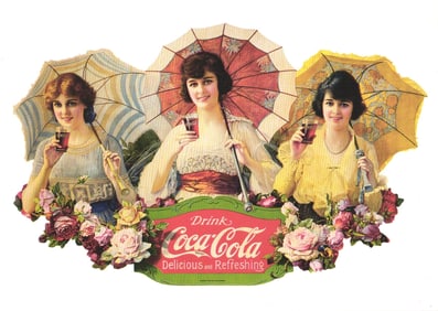 Coca-Cola advertising postcard showing three women with parasols from a 1922 soda fountain festoon