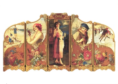 Postcard from the Archives of Coca-Cola showing a 1923 folding screen used in drug store windows.