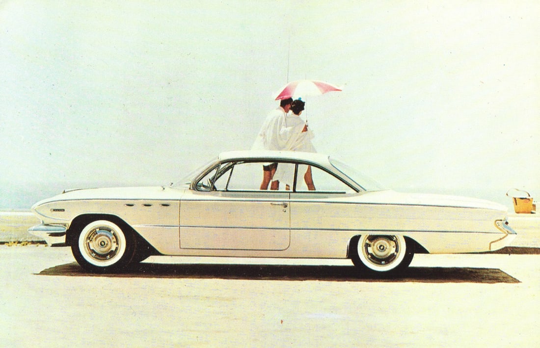 Postcard showing the Full-Size 1961 Buick Invicta Two Door Hardtop, The Clean Look of Action.: Please view photos for further description and condition considerations. Please know the scans may be darker or lighter than the actual item's true appearance. ACME Auctions offers FREE DOMESTIC SHIPP