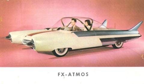 Postcard of the 1954 Ford FX-ATMOS concept car from Ford's Advance Design Studios, jet-age style.