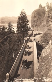 RPPC showing early motorcars crossing Shepperd's Dell Bridge on the Columbia River Highway, Oregon.