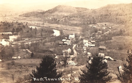 RPPC Real Photo Postcard elevated panoramic view of West Townshend, Vermont village circa 1910s
