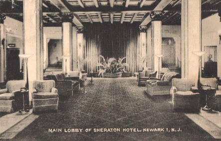 Postcard showing the Main Lobby interior of The Sheraton Hotel in Newark, New Jersey. Circa 1946.