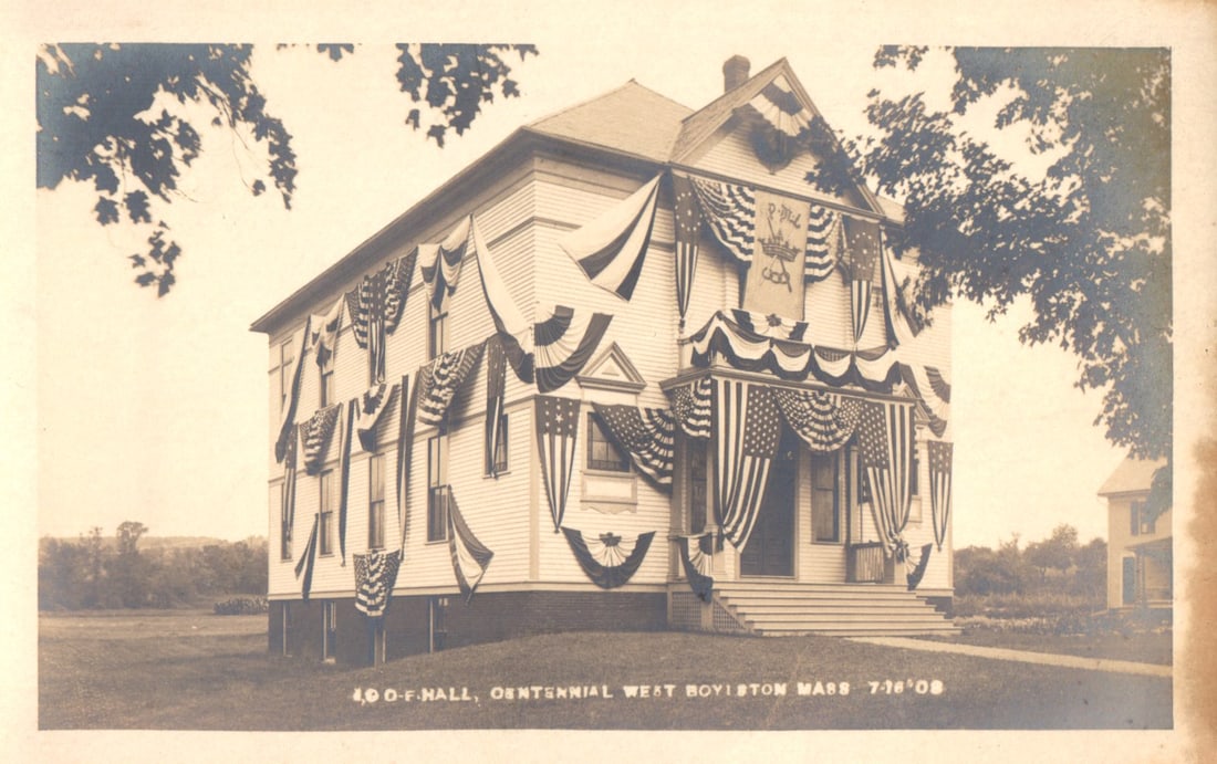 RPPC I.O.O.F. Hall decorated for Centennial celebration in West Boylston, Massachusetts, 1908.: Please view photos for further description and condition considerations. Please know the scans may be darker or lighter than the actual item's true appearance. ACME Auctions offers FREE DOMESTIC SHIPP