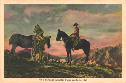 PECO postcard of a Royal Canadian Mounted Police officer & First Nations Chief in Canadian Rockies.