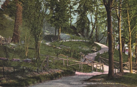 Postcard showing a scenic pathway and rustic fences in Madrona Park, Seattle, Washington c. 1909