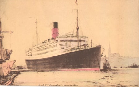 Postcard showing the Cunard Line ocean liner R.M.S. Carinthia in a busy harbor setting c. 1920s