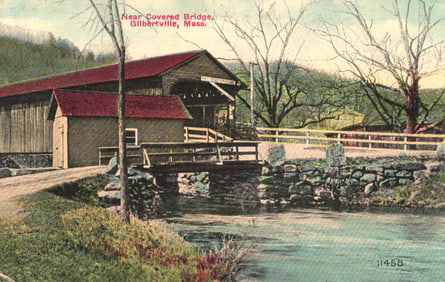 Postcard view of the Railroad Crossing Covered Bridge near Gilbertville, Massachusetts, early 1910s.