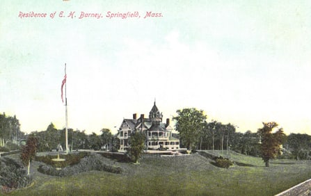 Postcard view of the Residence of E.H. Barney, a large Victorian home in Springfield, Massachusetts.