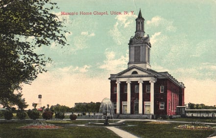 Postcard showing the Masonic Home Chapel with fountain and gardens in Utica, New York circa 1910s