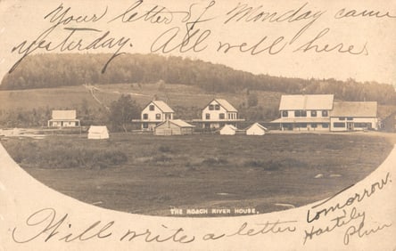 RPPC Real Photo Postcard showing the Roach River House resort with cabins and tents, Maine, c. 1920s