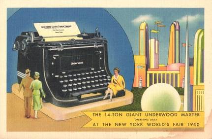 Postcard of the 14-Ton Giant Underwood Master Typewriter exhibit at the New York World's Fair 1940.