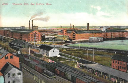 Color postcard showing the expansive Wamsutta Mills factory complex and rail yard, New Bedford,
