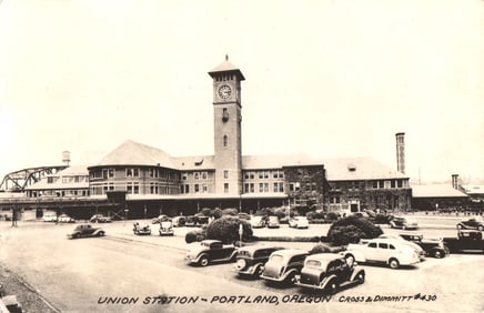 RPPC real photo postcard of Union Station in Portland, Oregon, showing classic automobiles circa