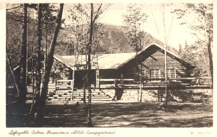 RPPC Real Photo Postcard view of the Lafayette Cabin at Franconia Notch Campground, New Hampshire.