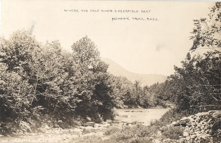 RPPC Real Photo Postcard where the Cold & Deerfield Rivers meet on the Mohawk Trail, Massachusetts