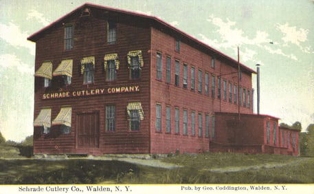 Color postcard view of the Schrade Cutlery Company factory building in Walden, New York, c. 1910s.
