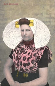 Postcard portrait of a woman in the traditional Dutch folk costume of Zuid-Beveland, Netherlands