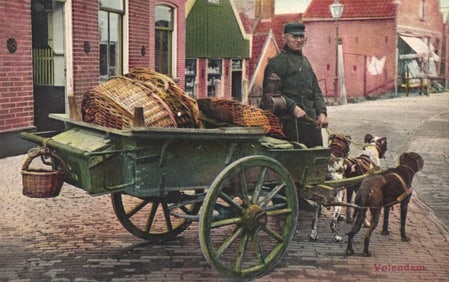 Postcard of a Dutch man with his dog cart filled with wicker baskets in Volendam, Netherlands, c.
