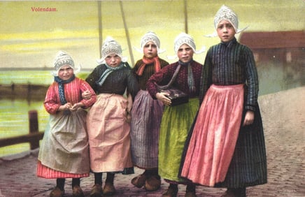 Photochromie postcard of five young girls wearing traditional Dutch folk costumes in Volendam,
