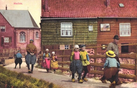 Early 1900s Photochrom postcard of residents in traditional Dutch costumes in Marken, Netherlands.
