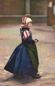 Postcard showing a young girl in traditional Dutch folk costume and wooden clogs from Marken,