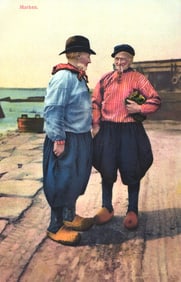 Photochrom postcard showing two men in traditional Dutch folk costume with clogs in Marken,