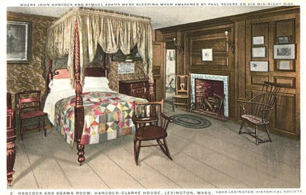 Postcard view of the historic Hancock and Adams Room in the Hancock-Clarke House, Lexington, MA