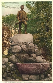 Detroit Publishing Co. postcard of the Captain Parker statue on Battle Green, Lexington, Mass