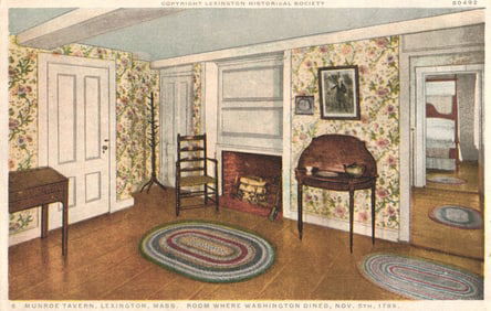 Postcard showing the room where Washington dined at Munroe Tavern, Lexington, Massachusetts, 1789.