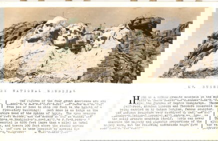 Rise Studio postcard of Mt. Rushmore National Memorial in the Black Hills of South Dakota, c. 1930s.