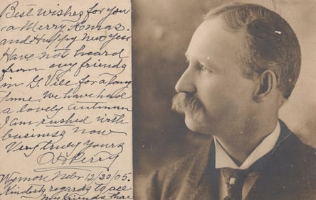 RPPC Real Photo Postcard portrait of a man with a mustache, mailed from Wymore, Nebraska 1905