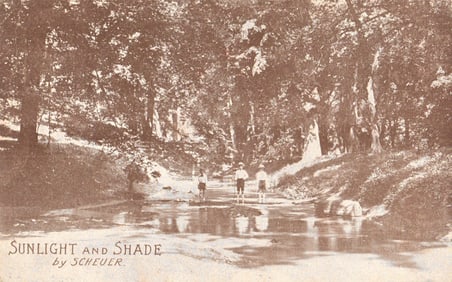 Postcard of boys wading in a creek, "Sunlight and Shade" by Scheuer, posted from Red Creek, NY 1909